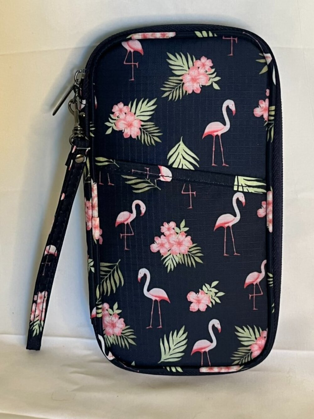 Travel Wallet Organizer Flamingo Floral Navy Blue RFID Blocking Clutch Wristlet